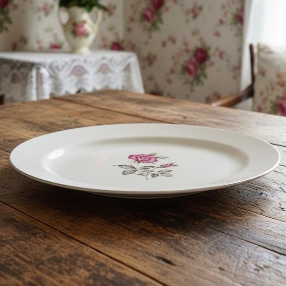 Homer Laughlin Tiffany Rose Oval Platter, Vintage Pink Flowers & Gray Leaves